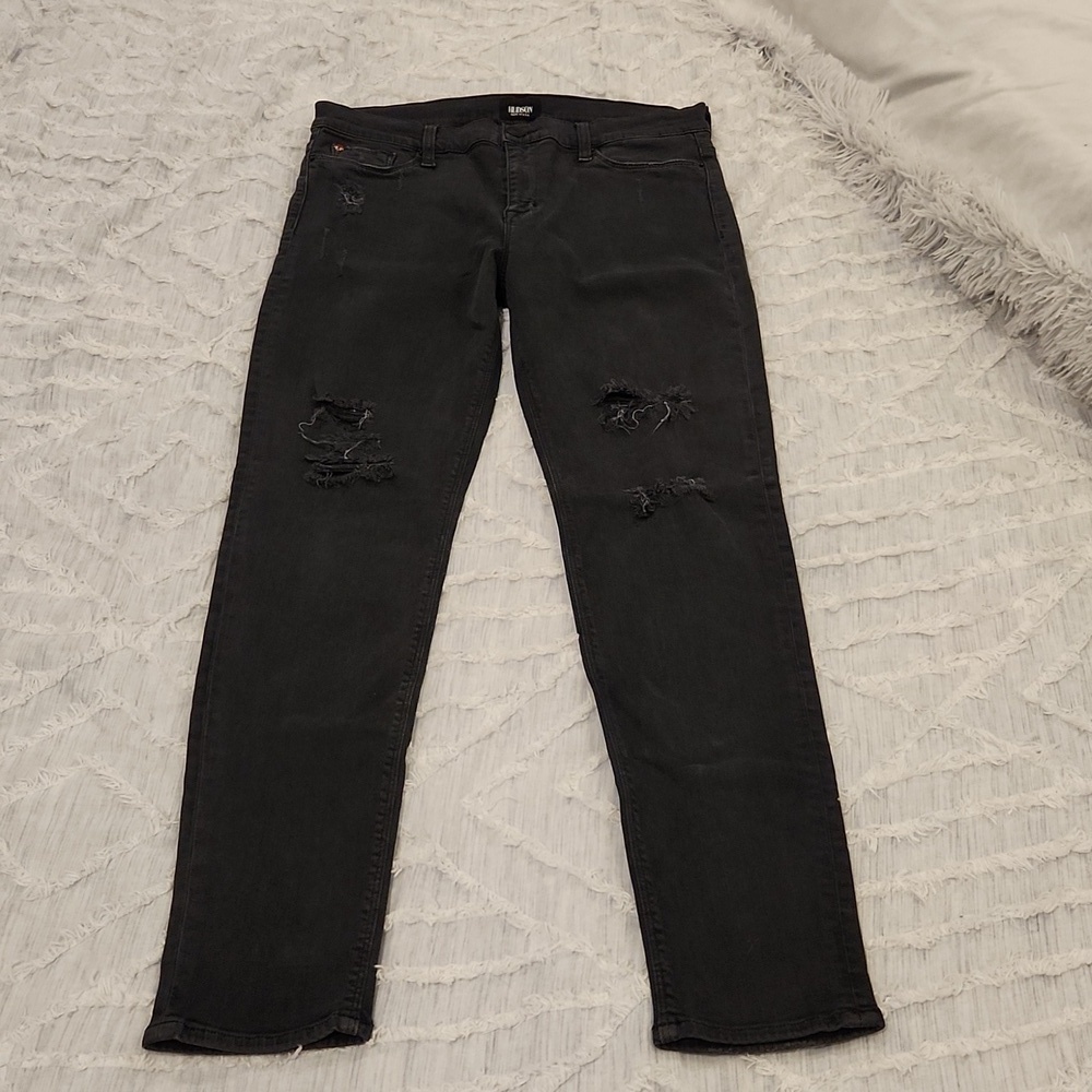 Faded black mid-rise Hudson super skinny, distressed "Nico" jeans size 32!